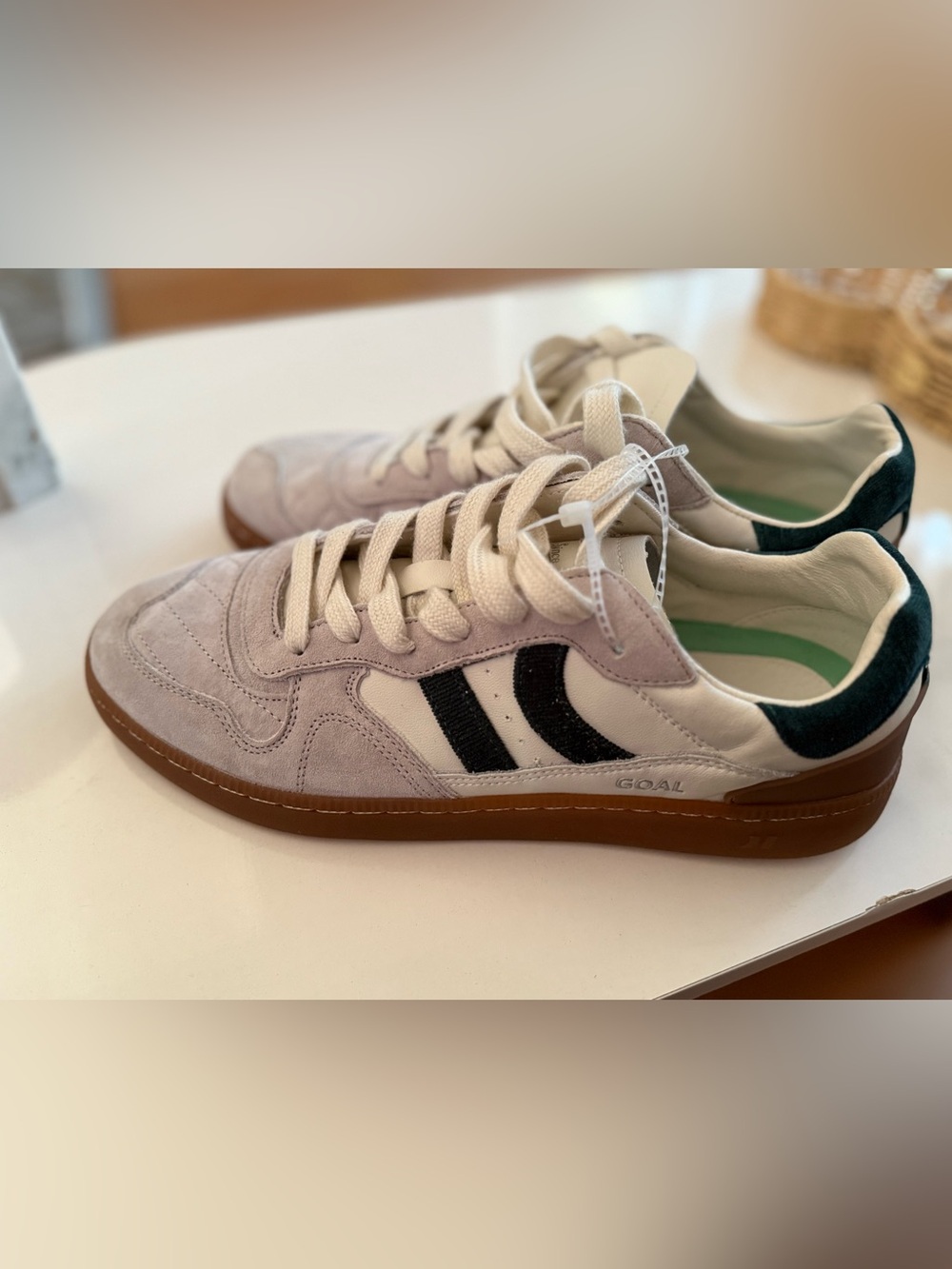 Coolway Beige Suede Sneakers with Black Stripes and Brown Sole